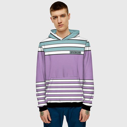 Мужская толстовка Горизонтальный полосы сиреневые и зеленые / 3D-Черный – фото 3