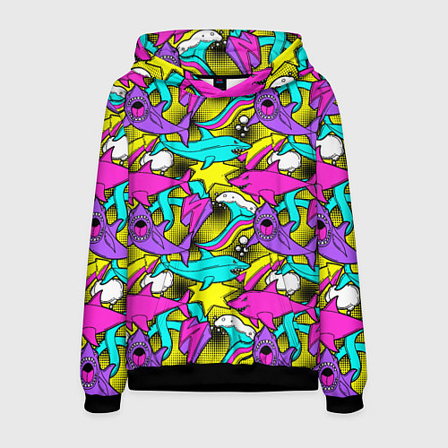 Мужская толстовка Цветные акулы паттерн / 3D-Черный – фото 1