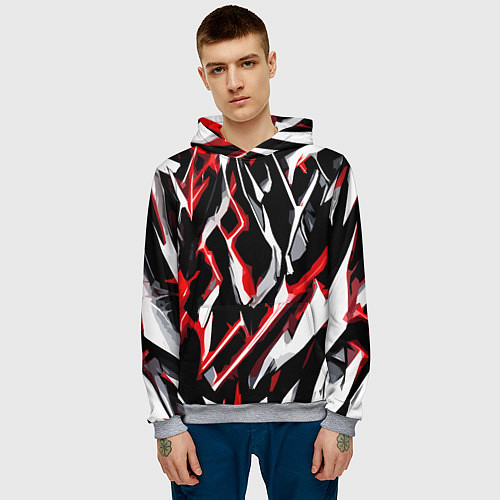 Мужская толстовка Красно-белые агрессивные полосы на чёрном фоне / 3D-Меланж – фото 3