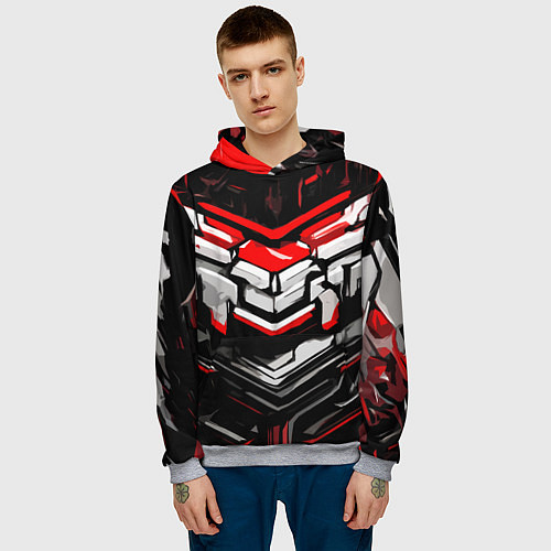 Мужская толстовка Красно-белая агрессивная абстракция на чёрном фоне / 3D-Меланж – фото 3