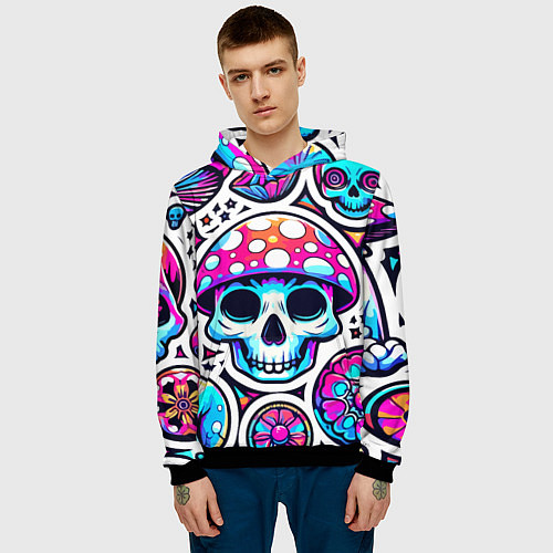 Мужская толстовка Череп в мухоморной шляпе - нейроарт / 3D-Черный – фото 3