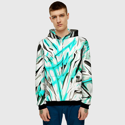 Мужская толстовка Чёрно-голубая агрессивная абстракция на белом фоне / 3D-Черный – фото 3