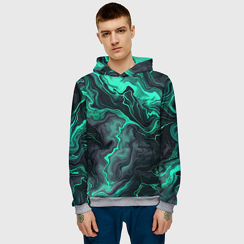 Мужская толстовка Бирюзовый мрамор на черном фоне / 3D-Меланж – фото 3