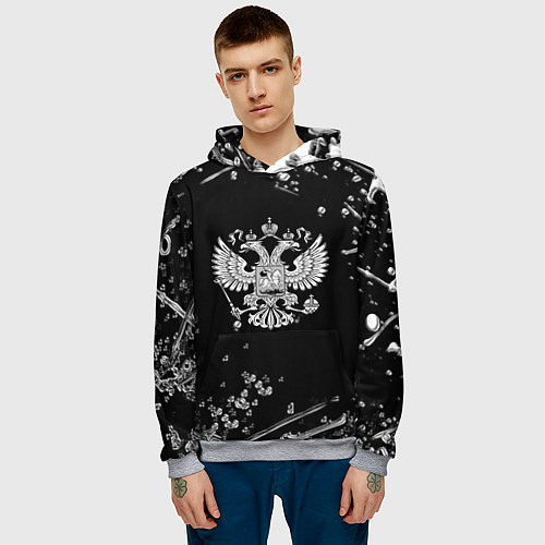 Мужская толстовка Герб РФ черно белые краски / 3D-Меланж – фото 3