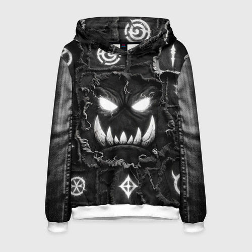 Мужская толстовка Голова Орка на джинсах пэчворк / 3D-Белый – фото 1