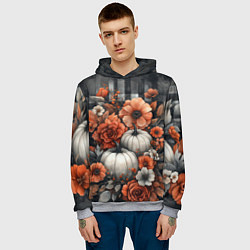 Толстовка-худи мужская Белые тыква с цветами, цвет: 3D-меланж — фото 2
