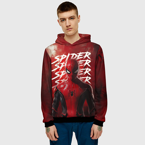 Мужская толстовка Spider-man red background / 3D-Черный – фото 3