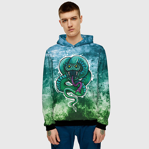 Мужская толстовка Агрессивная зеленая змея на абстрактном фоне / 3D-Черный – фото 3