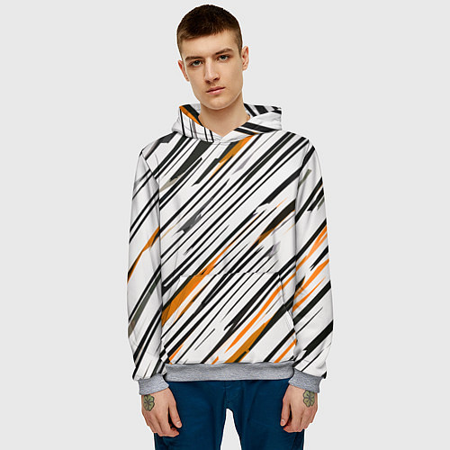 Мужская толстовка Диагональные чёрно-жёлтые полосы на белом фоне / 3D-Меланж – фото 3