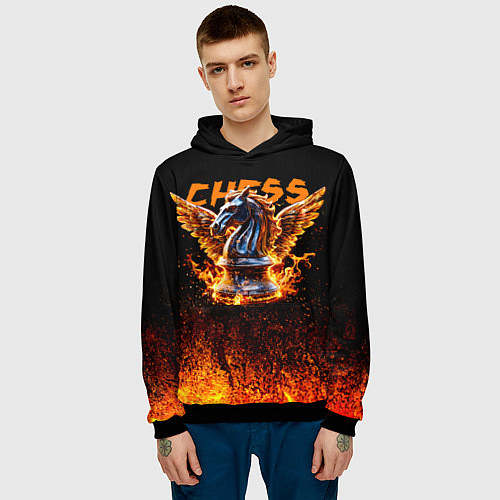 Мужская толстовка Шахматный крылатый конь в огне / 3D-Черный – фото 3