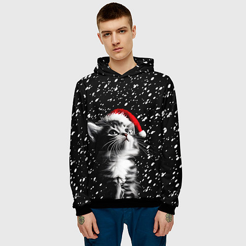 Мужская толстовка Милый котенок - первый снег / 3D-Черный – фото 3