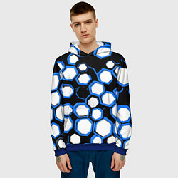 Толстовка-худи мужская Бело-синие шестиугольники на чёрном фоне, цвет: 3D-синий — фото 2