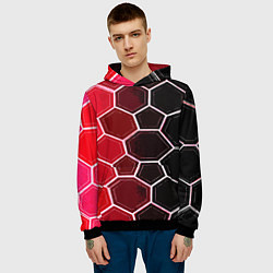 Толстовка-худи мужская Белые шестиугольники на чёрно-красном фоне, цвет: 3D-черный — фото 2
