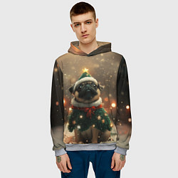 Толстовка-худи мужская Мопс в костюме елки, цвет: 3D-меланж — фото 2