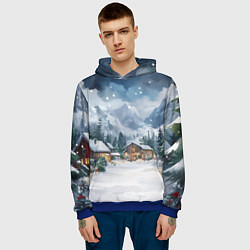Толстовка-худи мужская Новый год - домики в горах, цвет: 3D-синий — фото 2