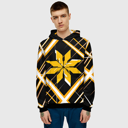 Мужская толстовка Жёлто-белая звезда и полосы на чёрном фоне / 3D-Черный – фото 3
