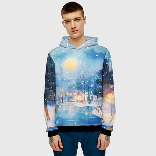 Мужская толстовка Новогодняя атмосфера - акварель / 3D-Черный – фото 3