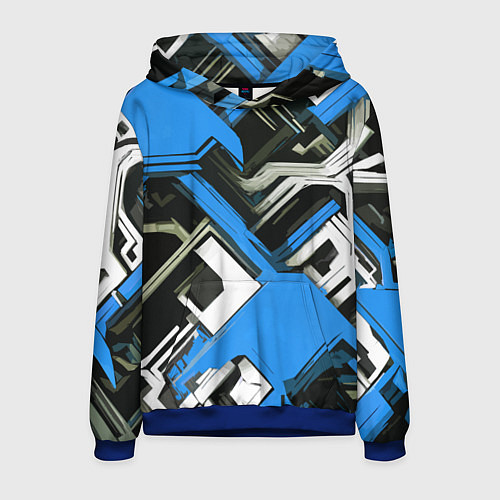 Мужская толстовка Сине-белый техно паттерн на чёрном фоне / 3D-Синий – фото 1