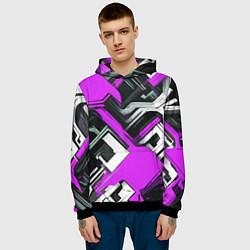 Толстовка-худи мужская Бело-фиолетовый техно паттерн на чёрном фоне, цвет: 3D-черный — фото 2