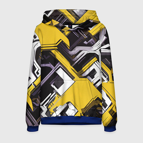 Мужская толстовка Бело-жёлтый техно паттерн на чёрном фоне / 3D-Синий – фото 1