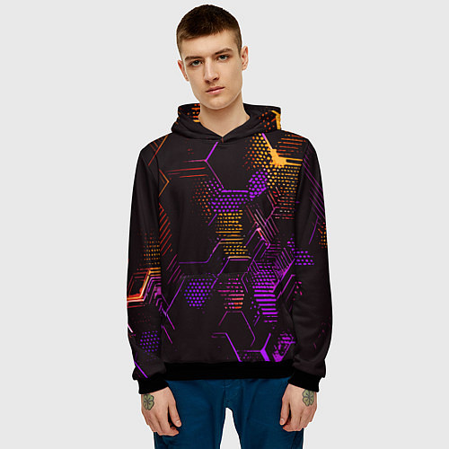 Мужская толстовка Жёлто-фиолетовые точки и линии на чёрном фоне / 3D-Черный – фото 3