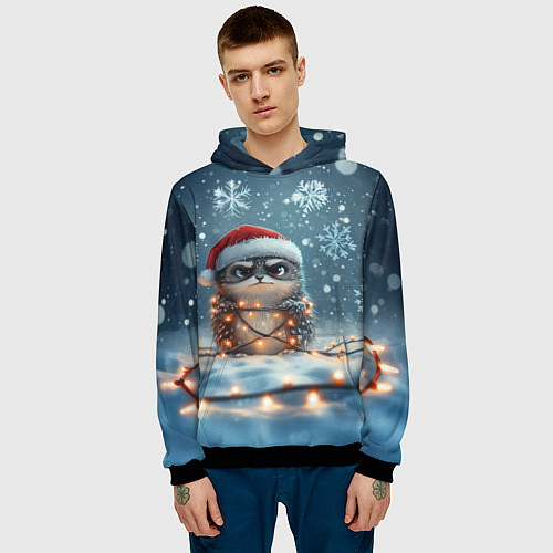 Мужская толстовка Сердитый новогодний ёжик / 3D-Черный – фото 3