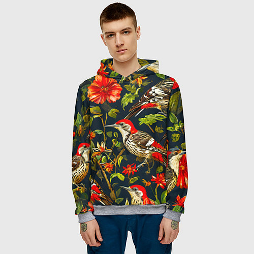 Мужская толстовка Дятлы и цветочки / 3D-Меланж – фото 3