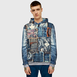 Толстовка-худи мужская Аниме пэчворк деним, цвет: 3D-меланж — фото 2