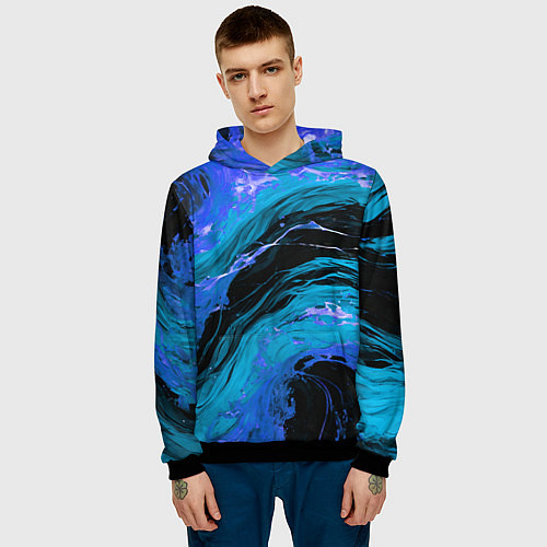 Мужская толстовка Синие брызги на чёрном фоне / 3D-Черный – фото 3