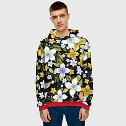Толстовка-худи мужская Жёлто-белые цветы на чёрном фоне, цвет: 3D-красный — фото 2