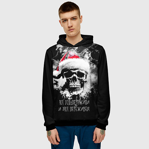 Мужская толстовка Череп в шапке Санты в дыму / 3D-Черный – фото 3