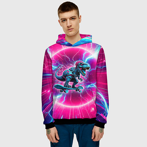 Мужская толстовка Cyber tyrannosaurus is a cool skateboarder / 3D-Черный – фото 3