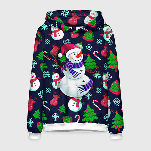 Мужская толстовка Праздничный снеговик паттерн / 3D-Белый – фото 1