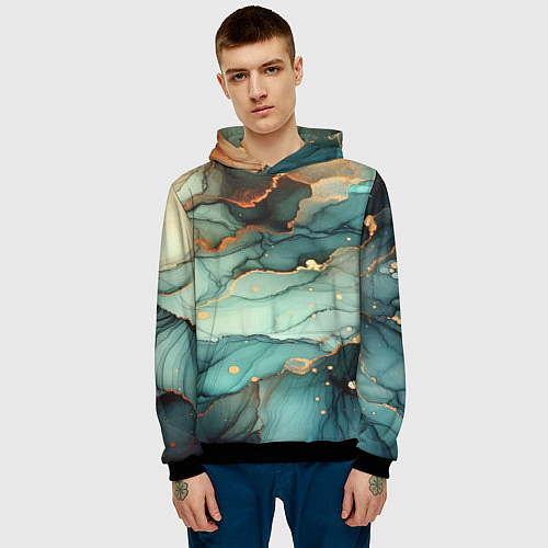 Мужская толстовка Бирюзовый узор с оранжевыми вставками / 3D-Черный – фото 3