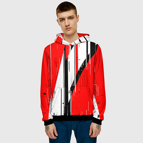 Мужская толстовка Чёрно-белые вертикальные полосы на красном фоне / 3D-Черный – фото 3