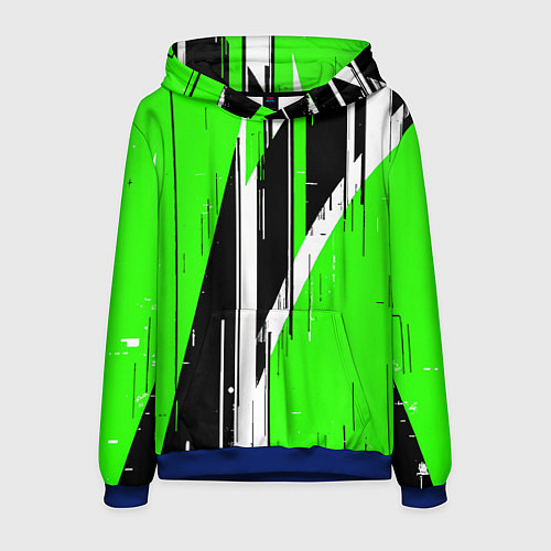 Мужская толстовка Чёрно-белые вертикальные полосы на зелёном фоне / 3D-Синий – фото 1