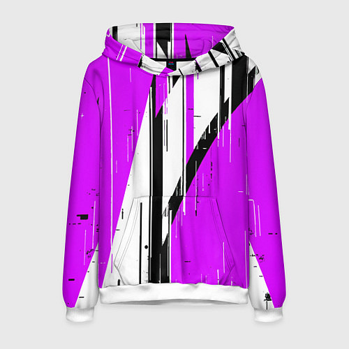 Мужская толстовка Чёрно-белые вертикальные полосы на фиолетовом фоне / 3D-Белый – фото 1