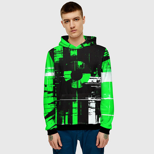 Мужская толстовка Зелёно-белый гранж на чёрном фоне / 3D-Черный – фото 3
