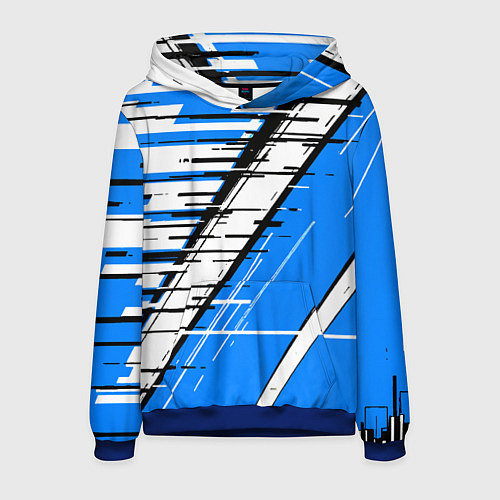 Мужская толстовка Чёрно-белые глитч полосы на синем фоне / 3D-Синий – фото 1