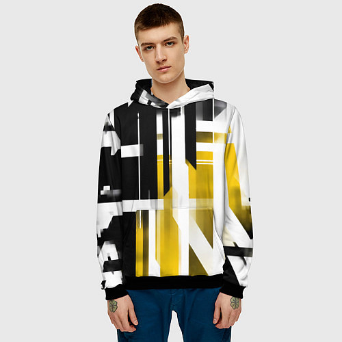 Мужская толстовка Чёрно-жёлтые вертикальные и горизонтальные полосы / 3D-Черный – фото 3