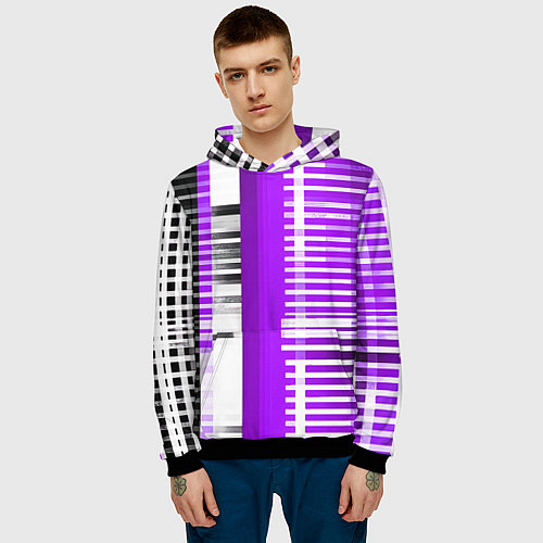 Мужская толстовка Белые полосы на чёрно-фиолетовом фоне / 3D-Черный – фото 3