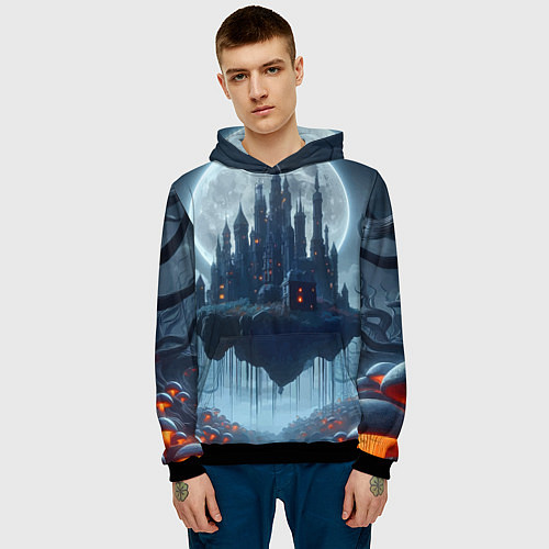 Мужская толстовка Замок Дракулы и неоновые грибы - нейроарт фантазия / 3D-Черный – фото 3