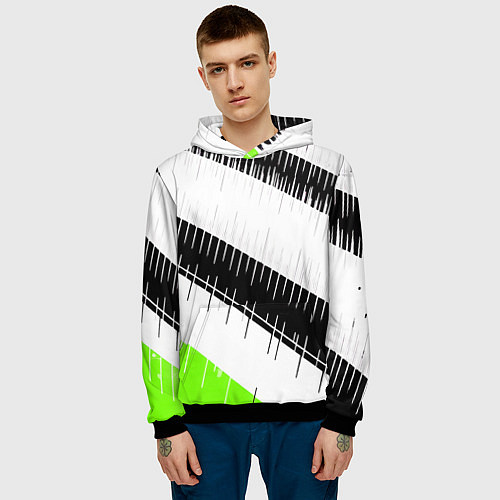 Мужская толстовка Диагональные чёрно-белые полосы на зелёном фоне / 3D-Черный – фото 3