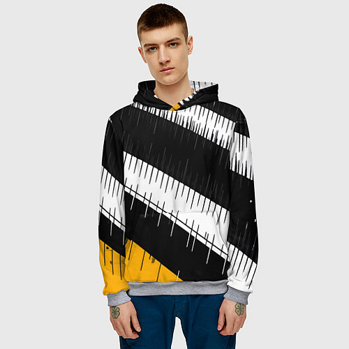 Мужская толстовка Диагональные чёрно-белые полосы на жёлтом фоне / 3D-Меланж – фото 3