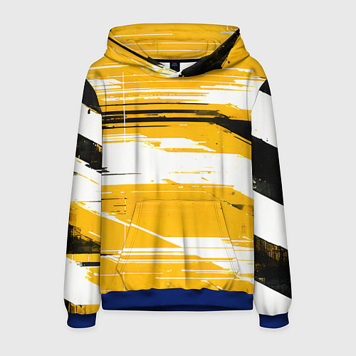 Мужская толстовка Горизонтальные чёрно-белые линии на жёлтом фоне / 3D-Синий – фото 1