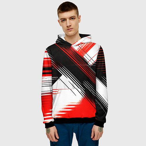 Мужская толстовка Диагональные красно-чёрные линии на белом фоне / 3D-Черный – фото 3