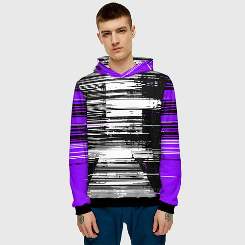 Мужская толстовка Горизонтальные чёрные линии на бело-фиолетовом фон / 3D-Черный – фото 3