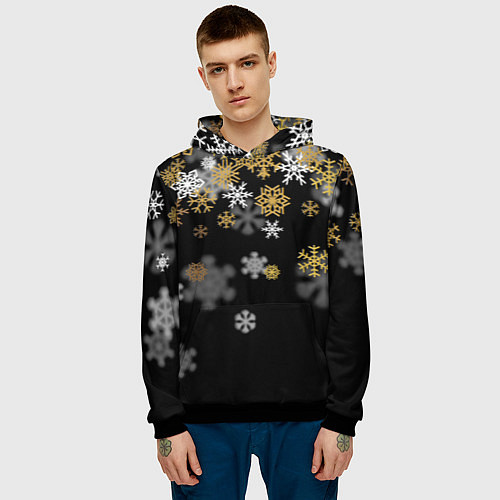 Мужская толстовка Снежинки объемные золотистые / 3D-Черный – фото 3