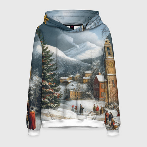 Мужская толстовка Новогодняя огромная елка и маленькие домики / 3D-Белый – фото 1