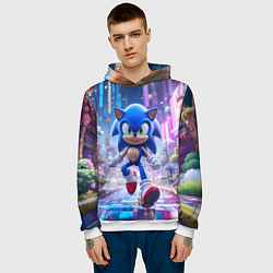 Толстовка-худи мужская Sonic в неоновом городе, цвет: 3D-белый — фото 2